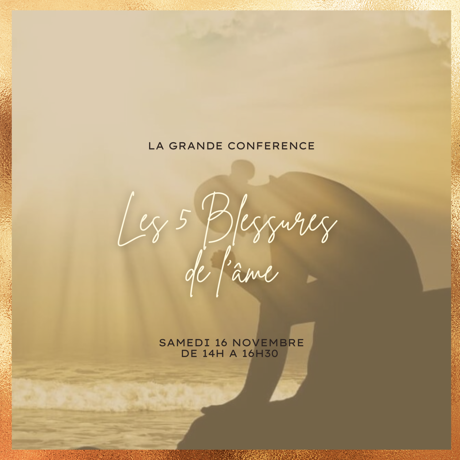 LA GRANDE CONFERENCE DES 5 BLESSURES DE L’AME PARCE QUE NOUS AVONS TOUS LA MISSION DE CASSER CETTE CHAINE QUI PASSE DE GENERATIONS EN GENERATIONS As tu le sentiment d'être toi même ? Ou te sens tu blessé assez souvent lors de tes interactions sociales ? Ce qui t'empêche de t'épanouir pleinement dans ta vie ? C'est une grande conférencequi vous est proposée pour tous savoir des mécanismes humains, mais aussi comprendre tellement de choses sur toi... D'où viennent ces blessures ? Comment nous marquent elles ? Comment interviennent elles ? Ont elles le pouvoir de changer notre chemin de vie ? D'affecter nos relations, notre couple ? Se voient elles ? Je pourrai te dire quelles sont tes blessures dominates si tu le souhaites et comment elles affectent ta vie. Une explication aussi de chacune des blessures avec leur masque, leur mécanisme de défense. Et comment s’en libérer. Moi Celine, j'animerai cette conference dans la bienceillance bien sur et avec pour objectif de te tranmettre une grande richesse d'informations. Je suis Coach en développement personnel depuis 6 ans et accompagne de nombreuses personnes vers leur épanouissement, la liberté d'être soi même ainsi que l'atteinte de ses objectifs de vie. La séance durera 2h30 et est au tarif de 40 euros - tarif de 35 euros pour les personnes qui sont déjà venues Au Temple. RESERVATIONS POSSIBLES VIA SMS AUPRES DE CELINE 06.22.88.33.34